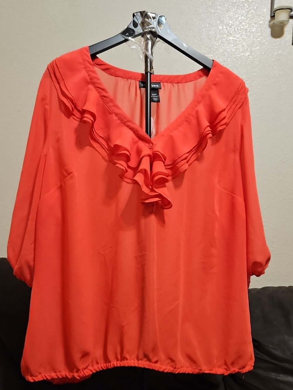 Lane Bryant Sheer Coral Ruffle V-Neck Blouse